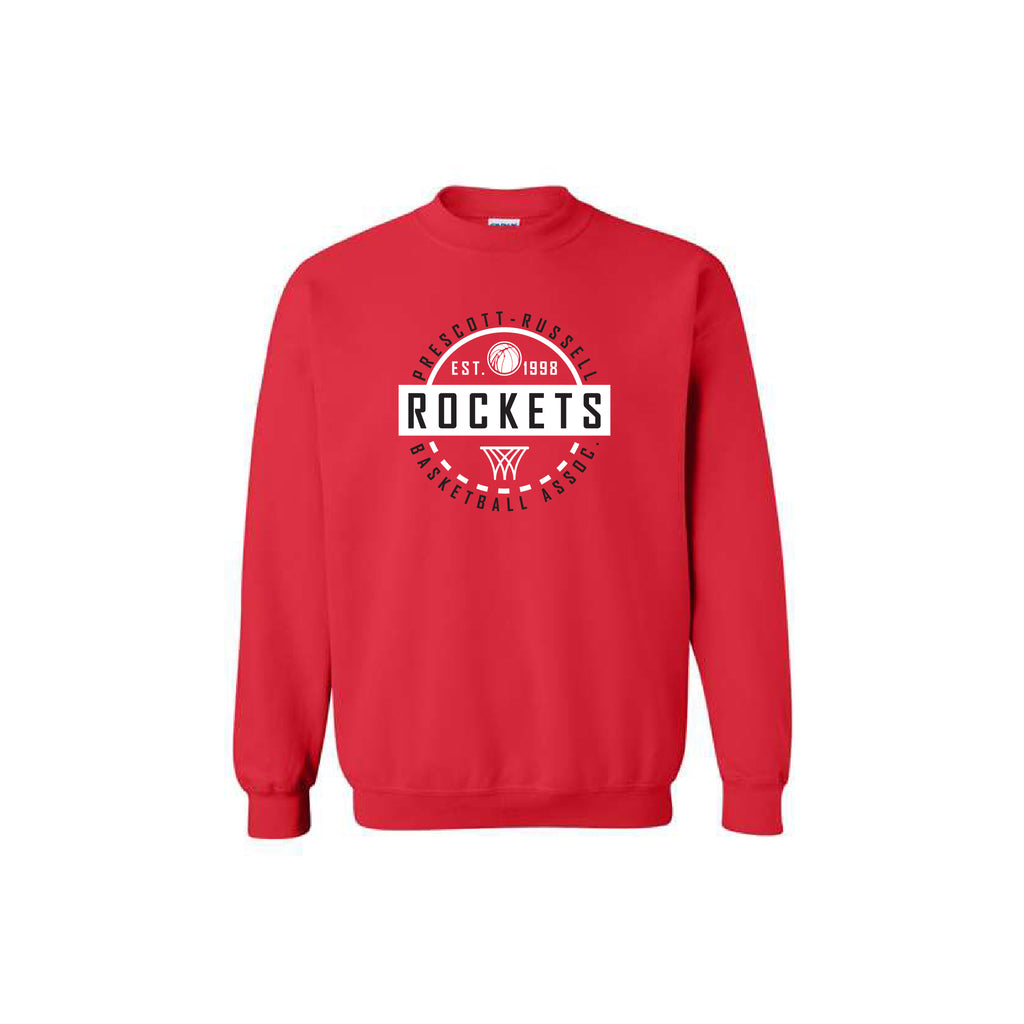 A Red crewneck sweatshirt featuring a circular red, white, and black graphic on the chest that reads 'Prescott Russell Rocket Basketball EST. 1989' with a basketball and Rockets logo.