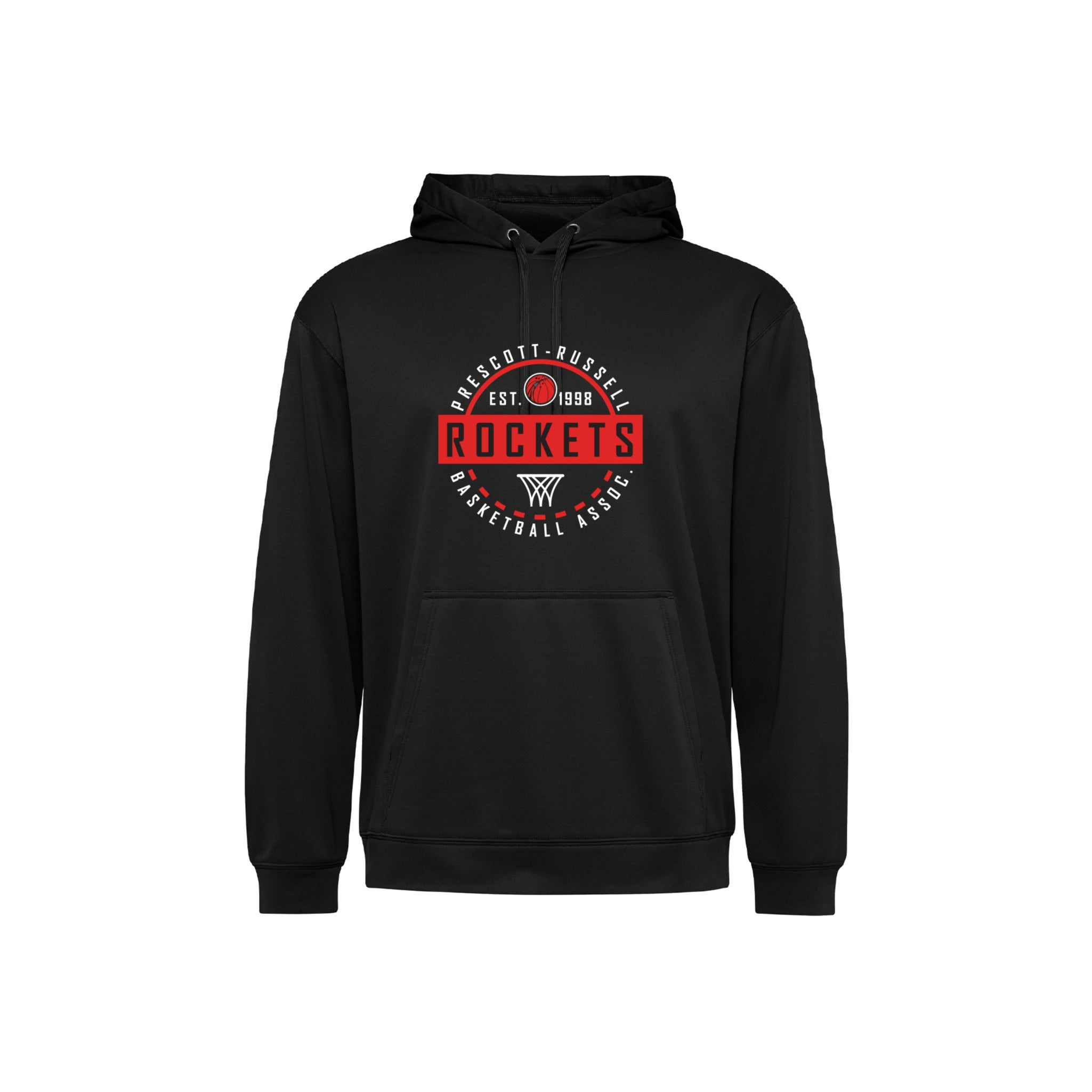 A black pullover hoodie with a red and white circular 'Prescott Russell Rockets Basketball' graphic on the chest, displayed against a solid white background.