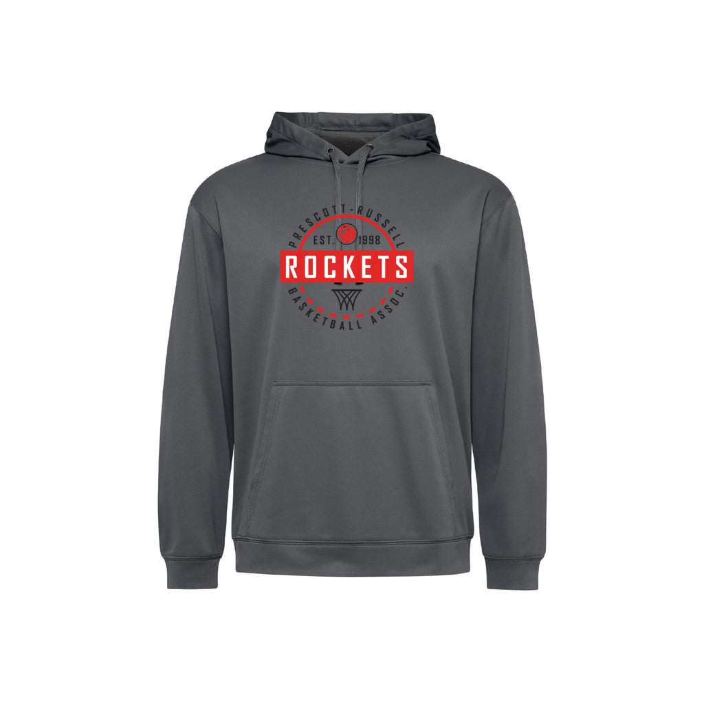 A dark grey pullover hoodie with a red and white circular 'Prescott Russell Rockets Basketball' graphic on the chest, displayed against a solid white background.
