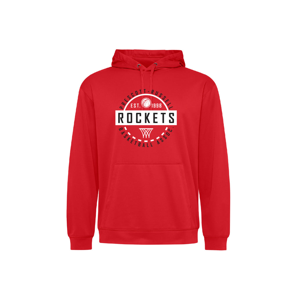 A red dri-fit pullover hoodie with a red and white circular 'Prescott Russell Rockets Basketball' graphic on the chest, displayed against a solid white background.