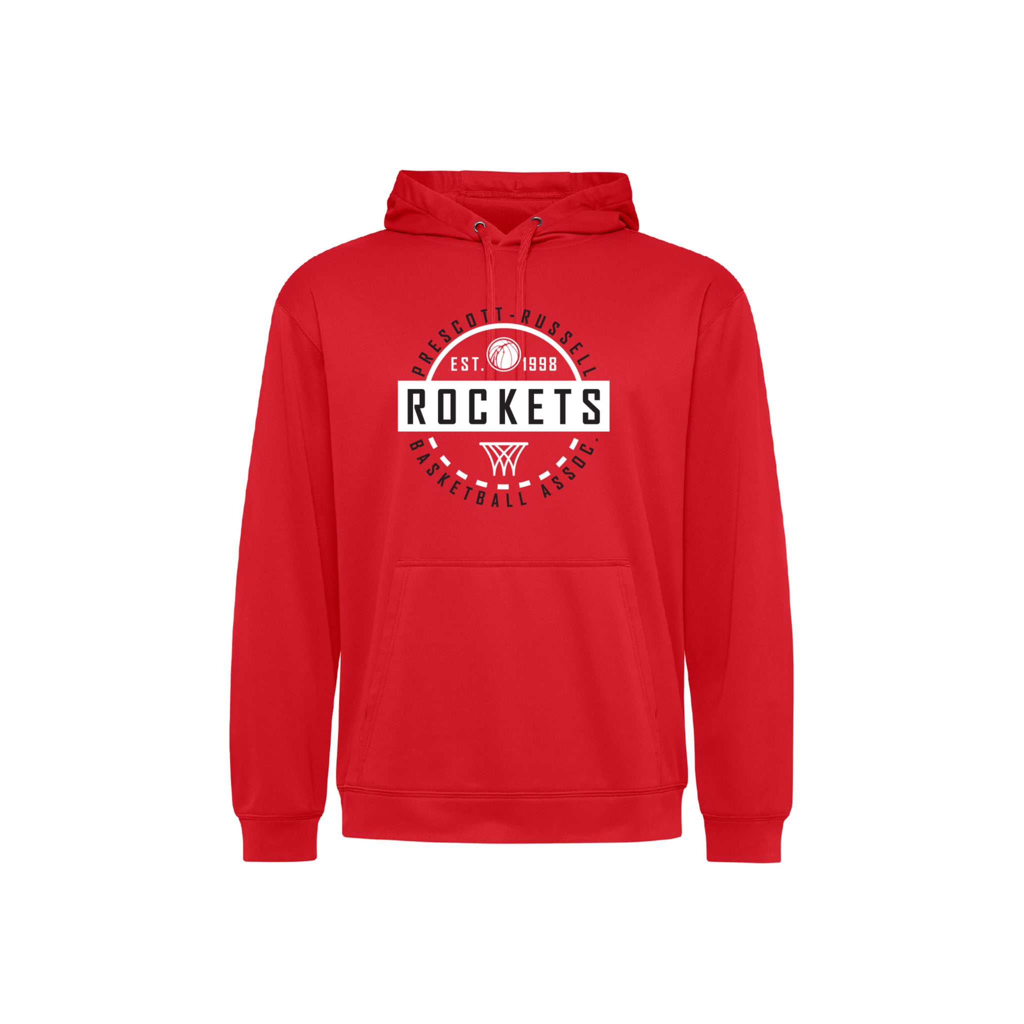 A red dri-fit pullover hoodie with a red and white circular 'Prescott Russell Rockets Basketball' graphic on the chest, displayed against a solid white background.