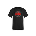 A black short-sleeve crewneck t-shirt featuring a white and black circular graphic on the chest that reads 'ROCKETS BASKETBALL EST. 1998'  shown against a plain white background.