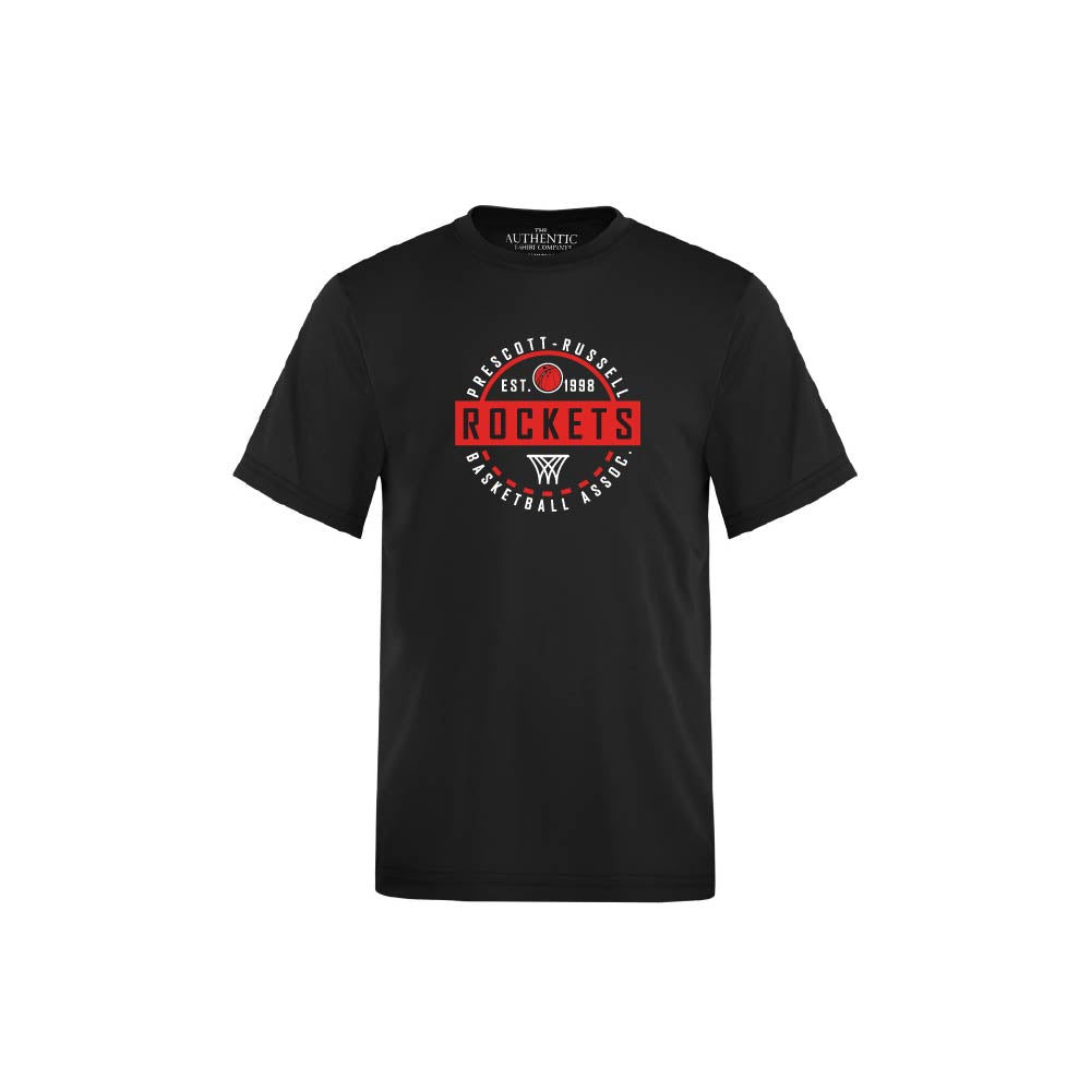 A black short-sleeve crewneck t-shirt featuring a white and black circular graphic on the chest that reads 'ROCKETS BASKETBALL EST. 1998'  shown against a plain white background.