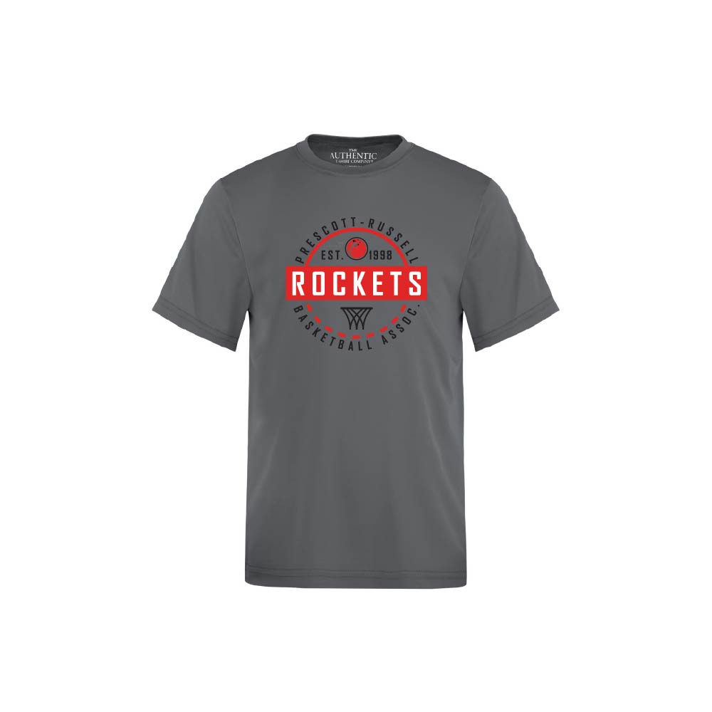 A dark grey short-sleeve crewneck t-shirt featuring a white and black circular graphic on the chest that reads 'ROCKETS BASKETBALL EST. 1998'  shown against a plain white background.