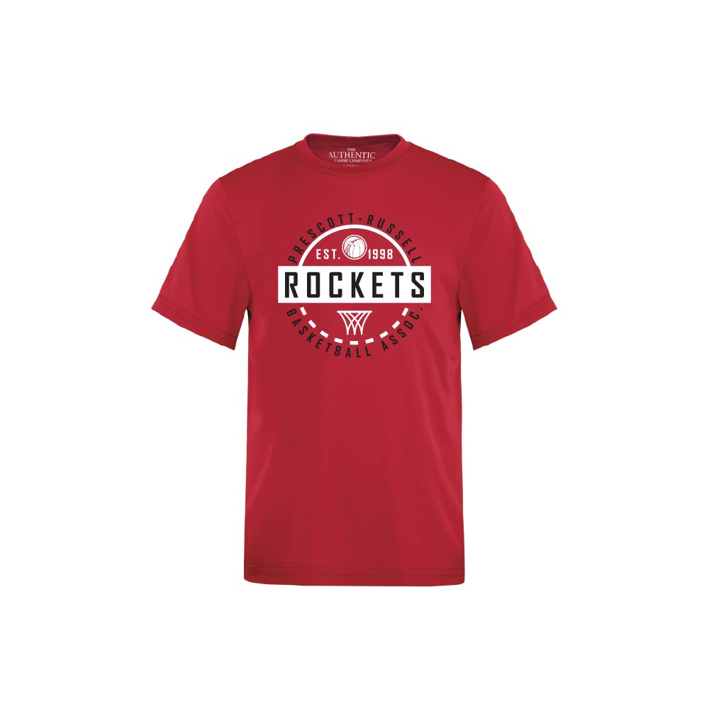 A red short-sleeve crewneck t-shirt featuring a white and black circular graphic on the chest that reads 'ROCKETS BASKETBALL EST. 1998'  shown against a plain white background.