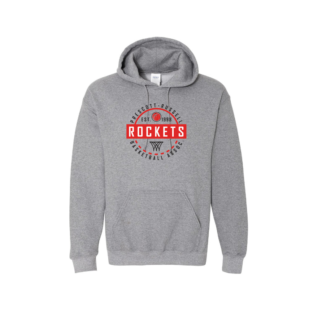 A Grey pullover hoodie featuring a circular red, white, and black graphic on the chest that reads 'PRESCOTT RUSSELL ROCKETS BASKETBALL  with a basketball and basketball hoop icon.