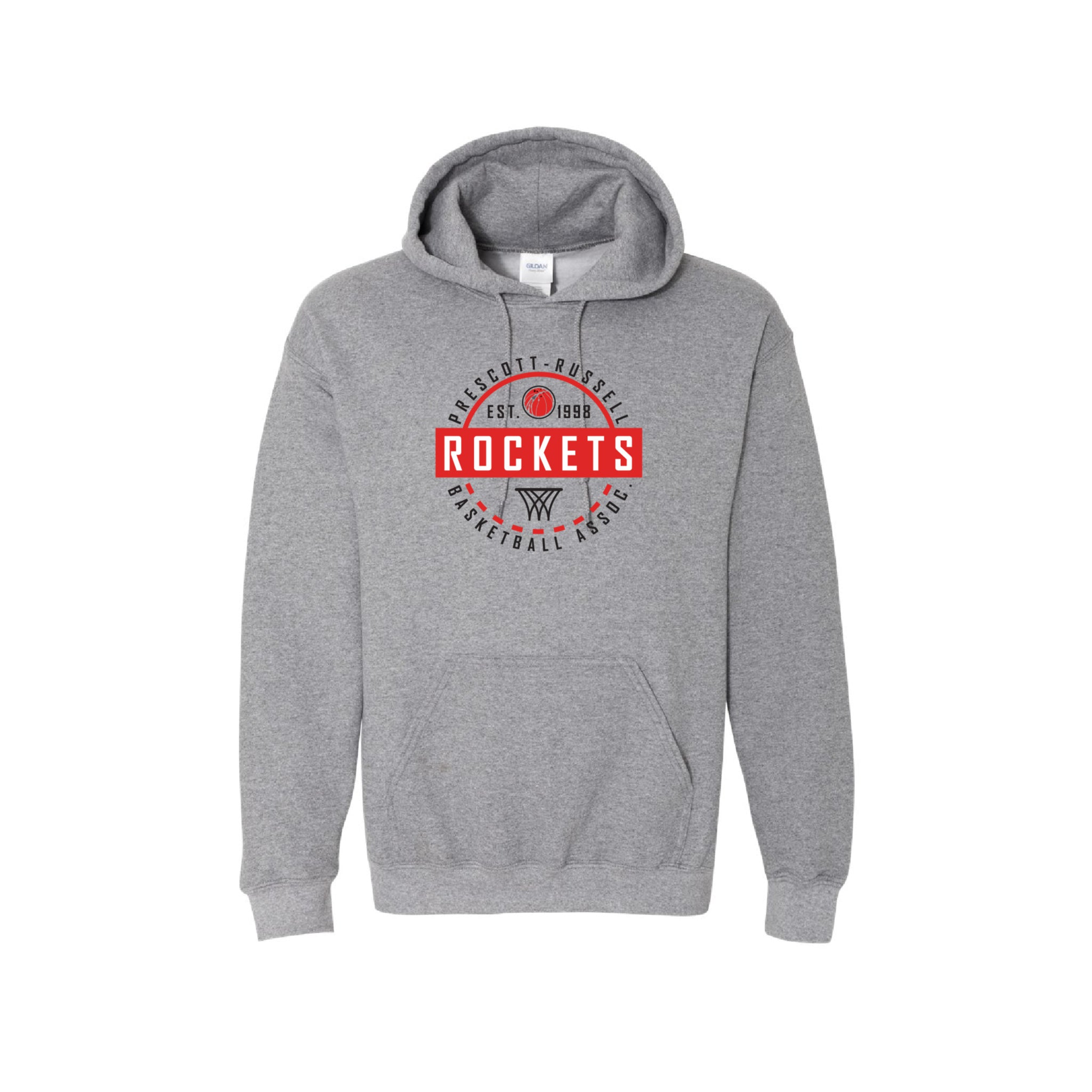 A Grey pullover hoodie featuring a circular red, white, and black graphic on the chest that reads 'PRESCOTT RUSSELL ROCKETS BASKETBALL  with a basketball and basketball hoop icon.