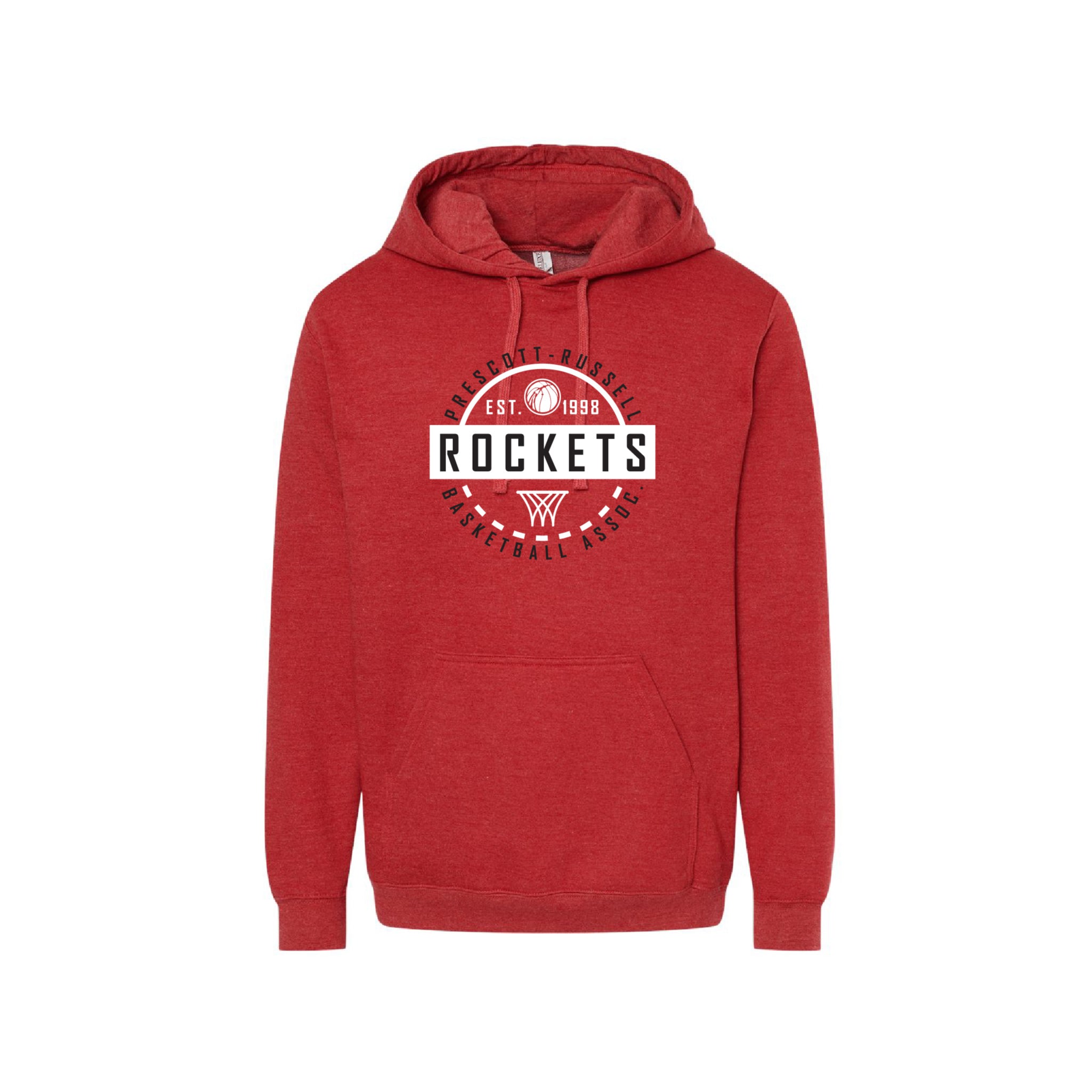 A Heather Red pullover hoodie featuring a circular red, white, and black graphic on the chest that reads 'PRESCOTT RUSSELL ROCKETS BASKETBALL  with a basketball and basketball hoop icon.