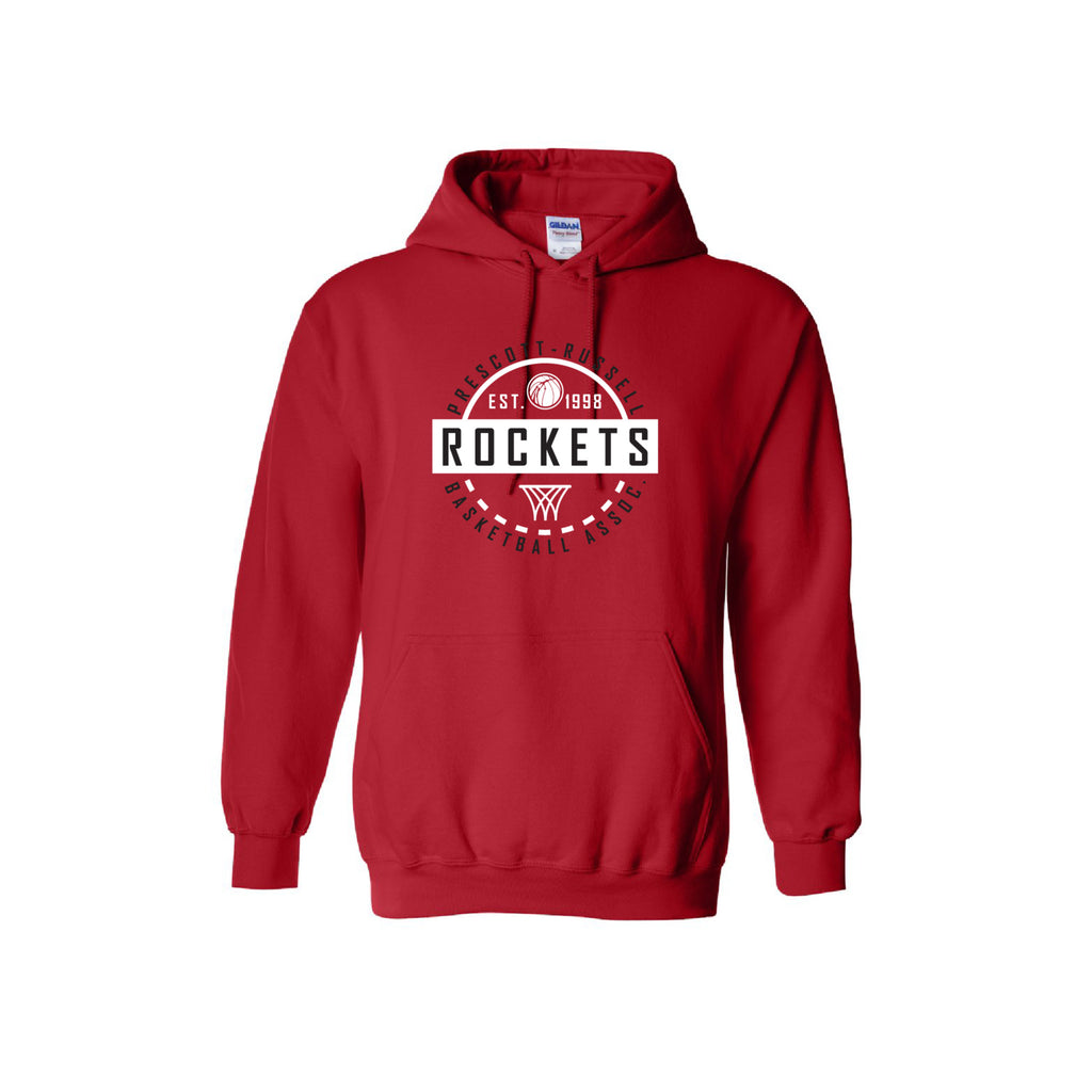 A red pullover hoodie featuring a circular red, white, and black graphic on the chest that reads 'PRESCOTT RUSSELL ROCKETS BASKETBALL  with a basketball and basketball hoop icon.