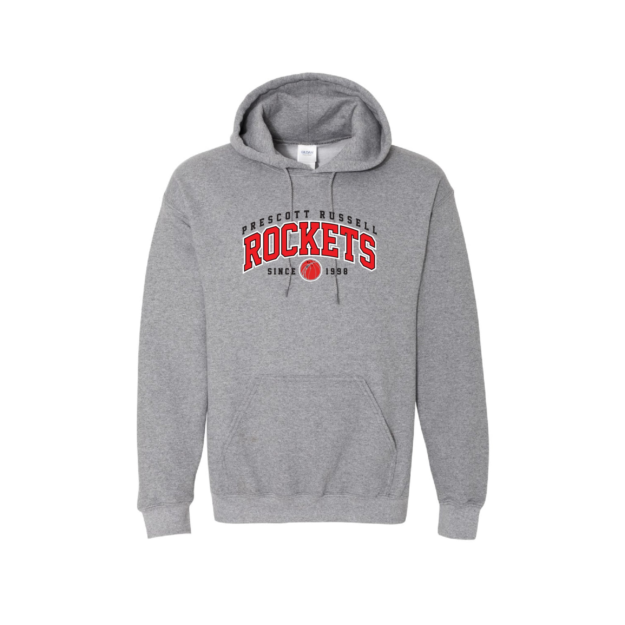 A Heather Grey pullover hoodie featuring a red and white graphic on the chest that reads 'PRESCOTT RUSSELL ROCKETS SINCE 1980' with a basketball logo, shown against a plain white background.