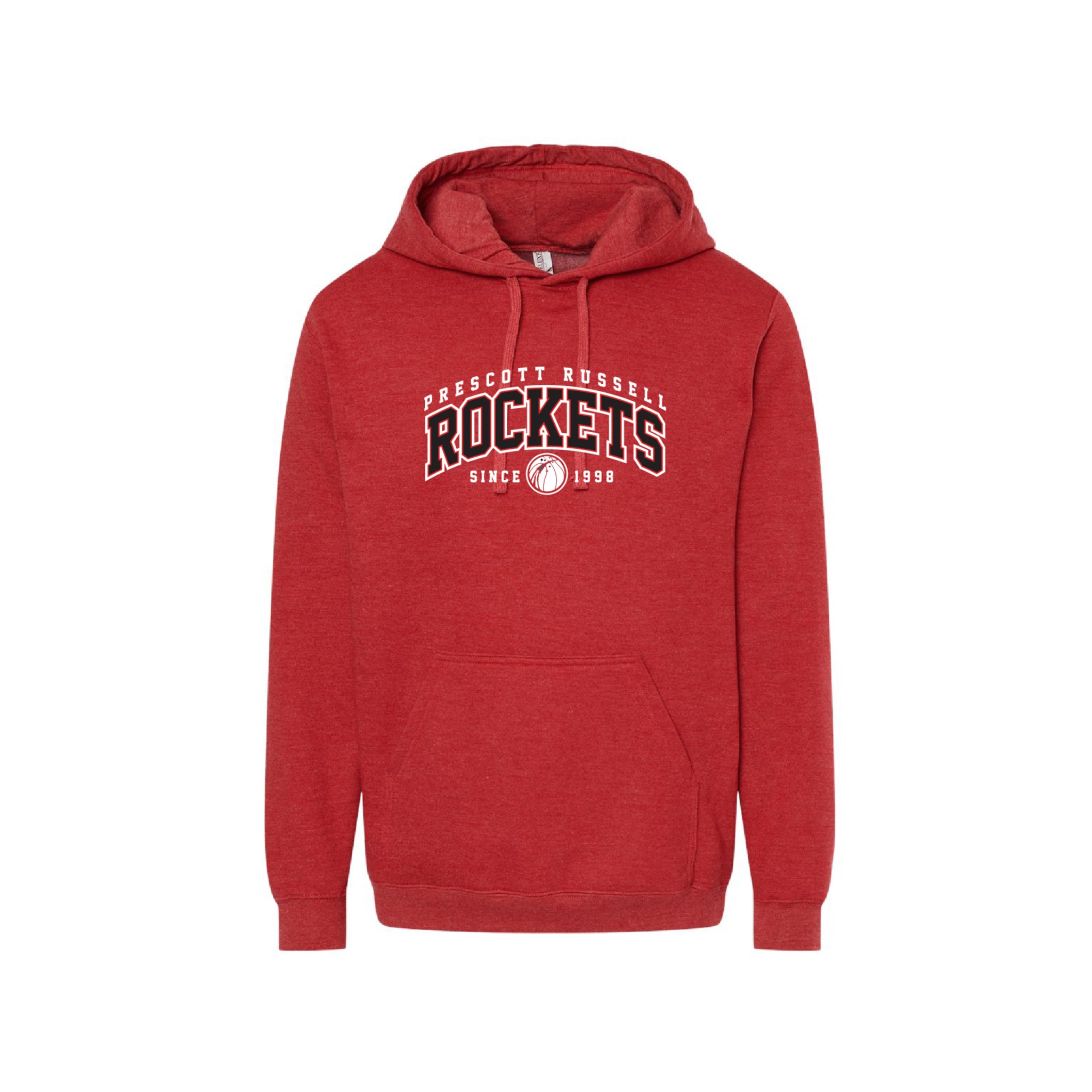 A Heather Red pullover hoodie featuring a black and white graphic on the chest that reads 'PRESCOTT RUSSELL ROCKETS SINCE 1980' with a basketball logo, shown against a plain white background.