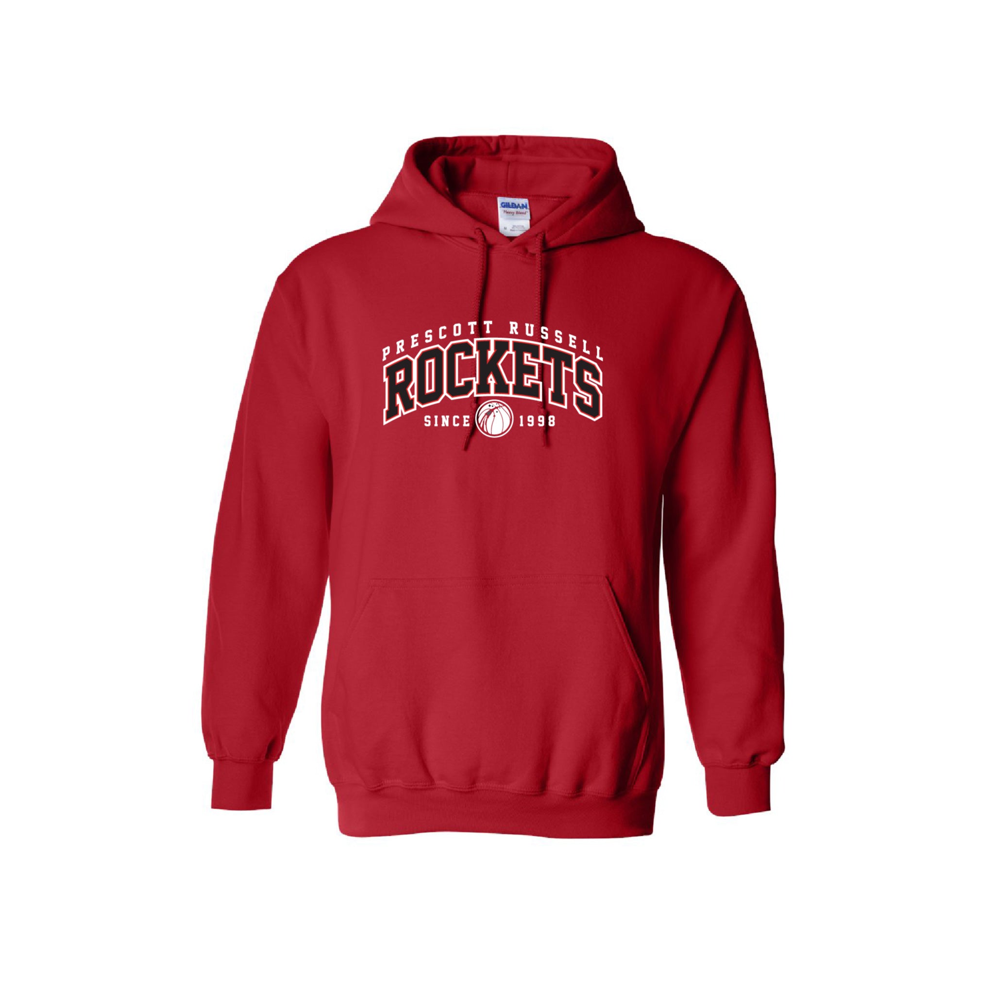 A red pullover hoodie featuring a black and white graphic on the chest that reads 'PRESCOTT RUSSELL ROCKETS SINCE 1980' with a basketball logo, shown against a plain white background.