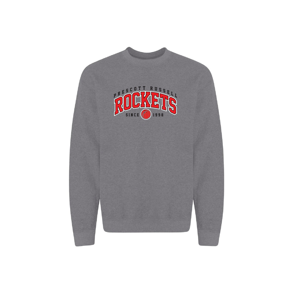 A Heather Grey crewneck sweatshirt featuring a Black and Red 'Prescott Russell Rockets Since 1956' graphic on the chest, displayed against a plain white background.