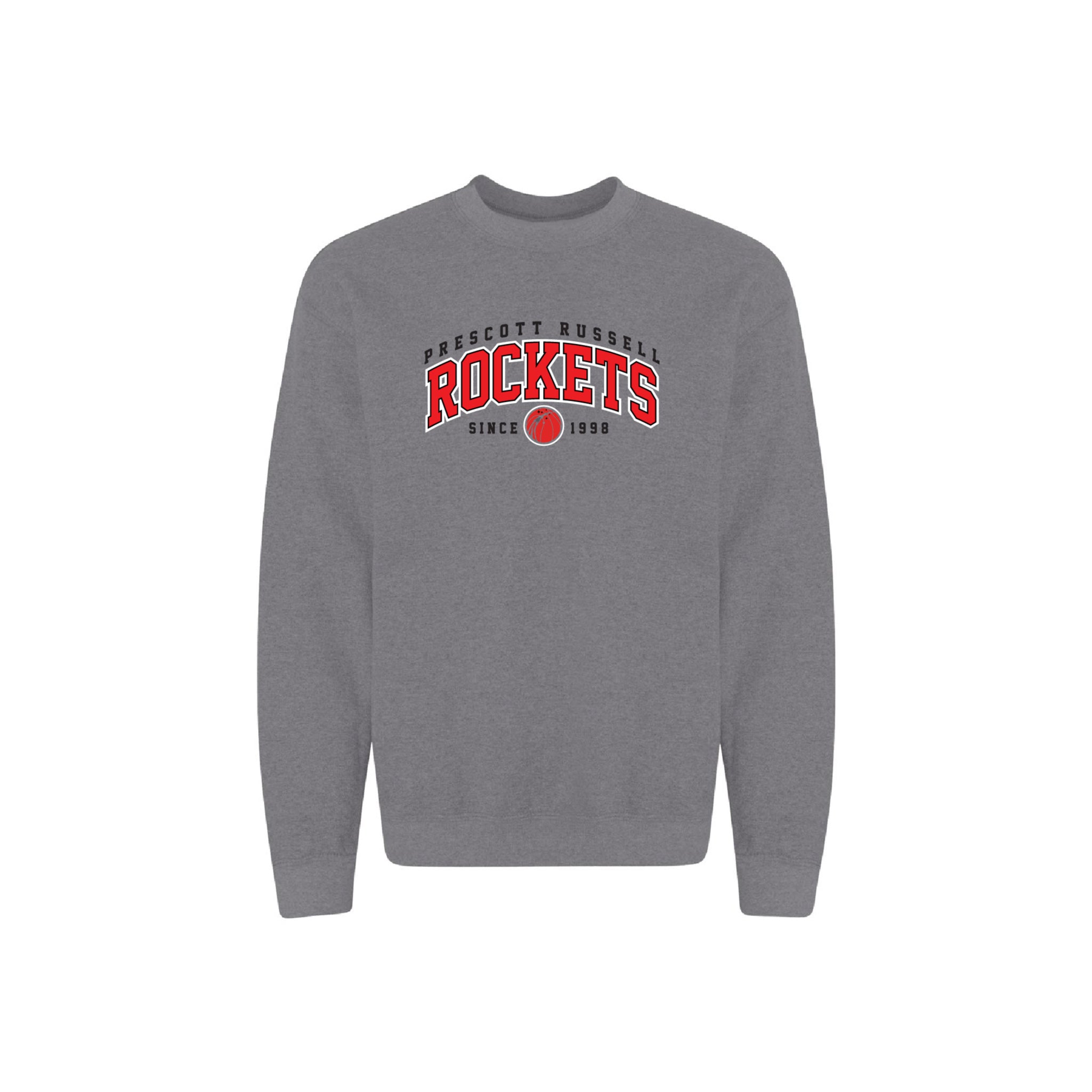 A Heather Grey crewneck sweatshirt featuring a Black and Red 'Prescott Russell Rockets Since 1956' graphic on the chest, displayed against a plain white background.