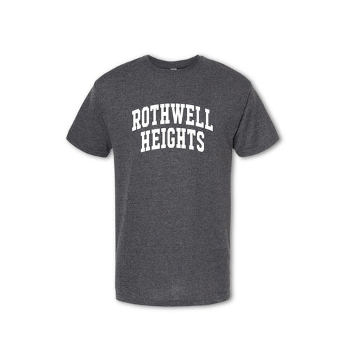 A gray t-shirt with the text 'ROTHWELL HEIGHTS' arched across the chest in white.