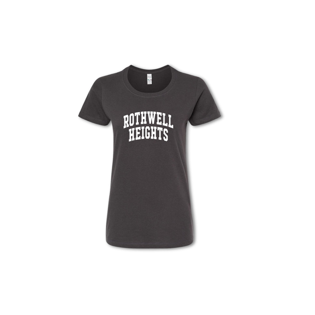 A gray t-shirt with the text 'ROTHWELL HEIGHTS' arched across the chest in white.