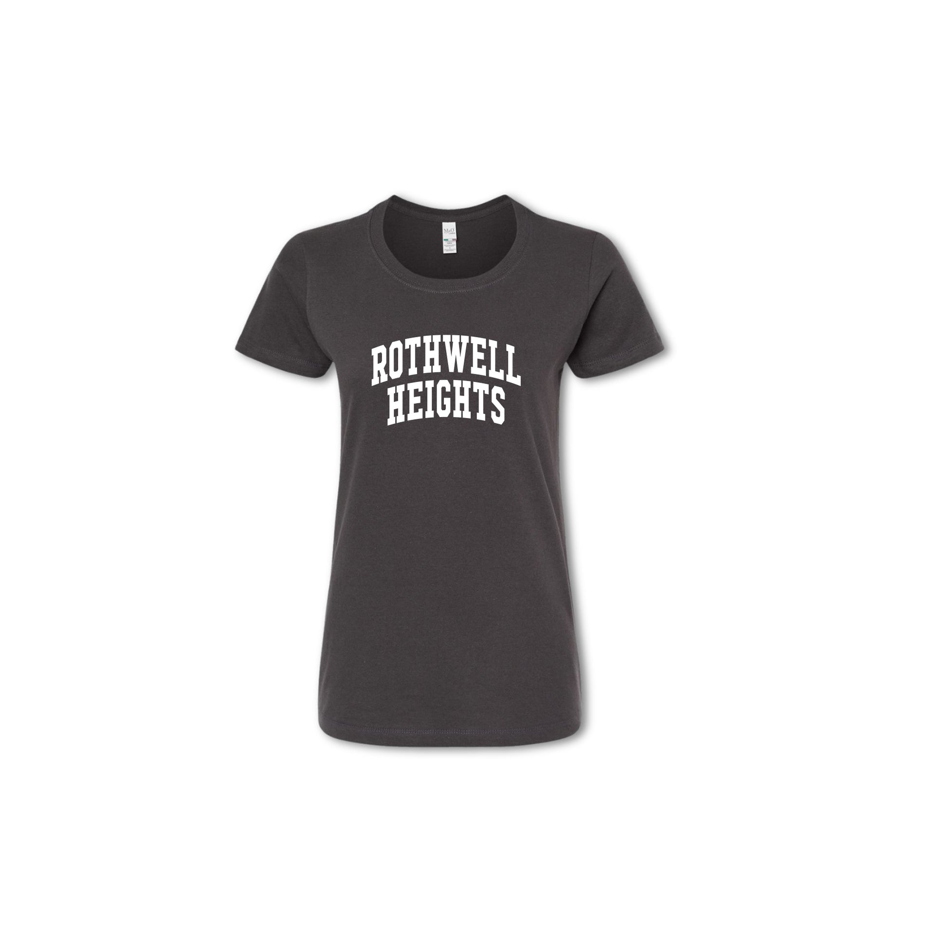 A gray t-shirt with the text 'ROTHWELL HEIGHTS' arched across the chest in white.