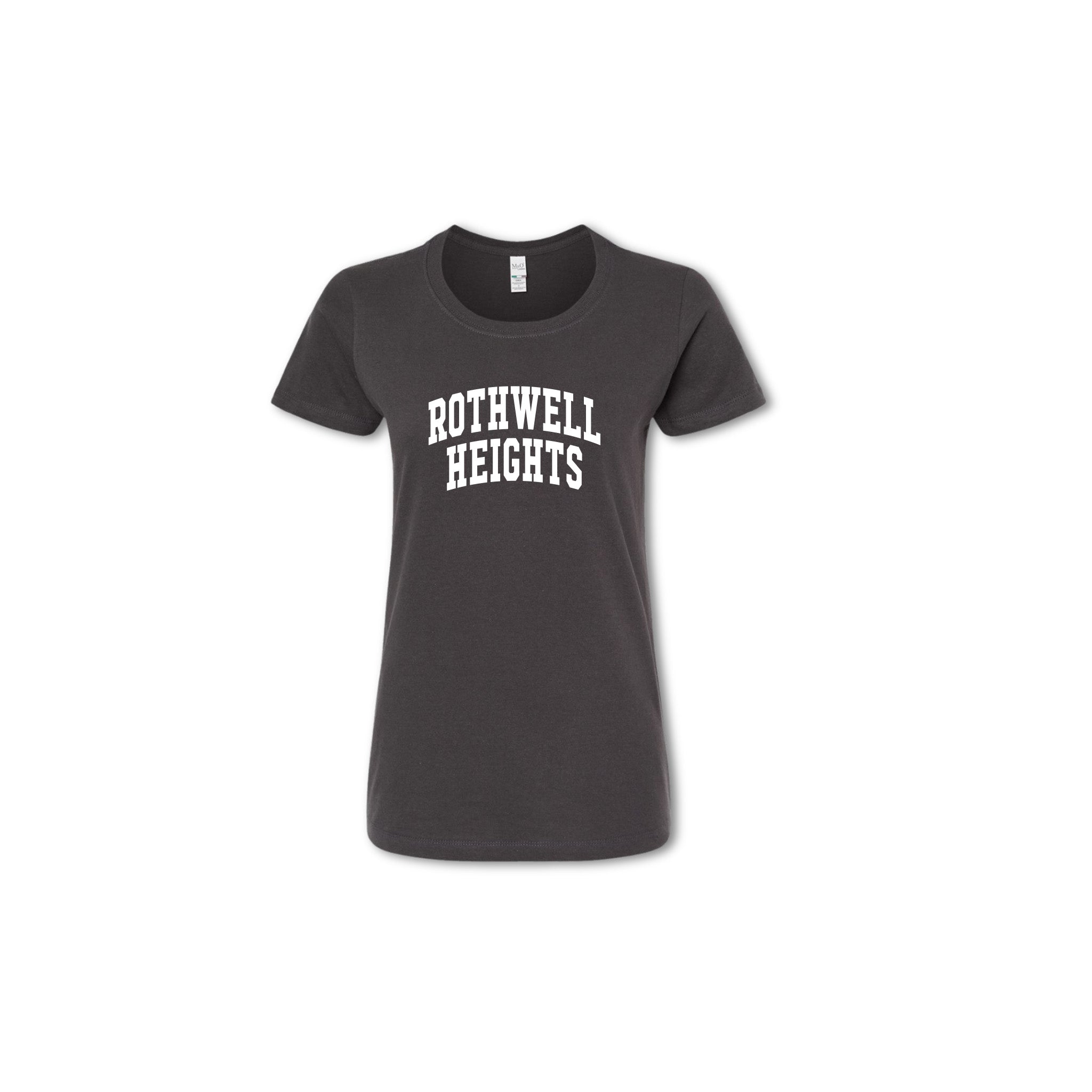 A gray t-shirt with the text 'ROTHWELL HEIGHTS' arched across the chest in white.