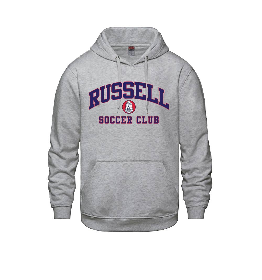A heather gray pullover hoodie featuring a purple and red graphic on the chest that reads 'RUSSELL SOCCER CLUB' with a circular logo in the center, shown against a plain white background.