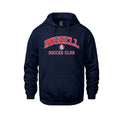 A navy blue pullover hoodie with 'RUSSELL SOCCER CLUB' printed in red and white on the chest, featuring a small mascot logo in the center.