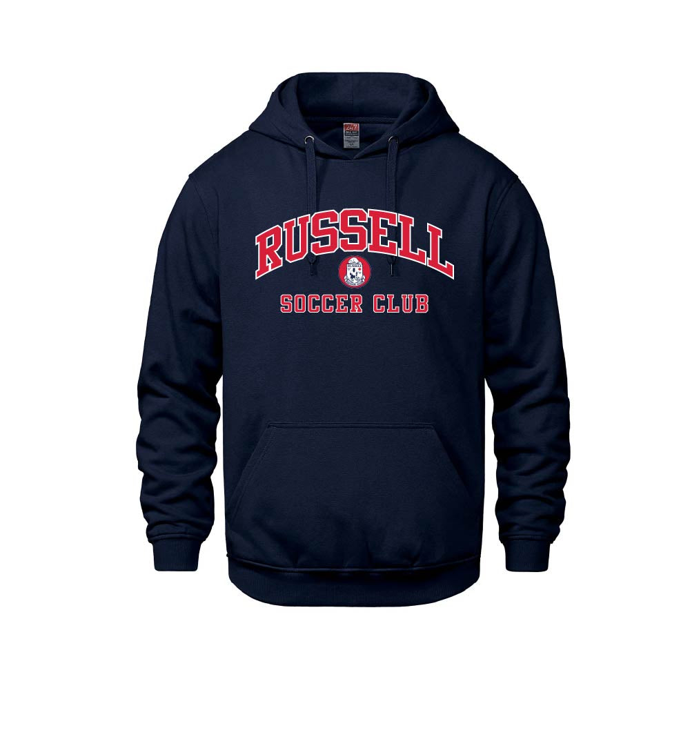 A navy blue pullover hoodie with 'RUSSELL SOCCER CLUB' printed in red and white on the chest, featuring a small mascot logo in the center.