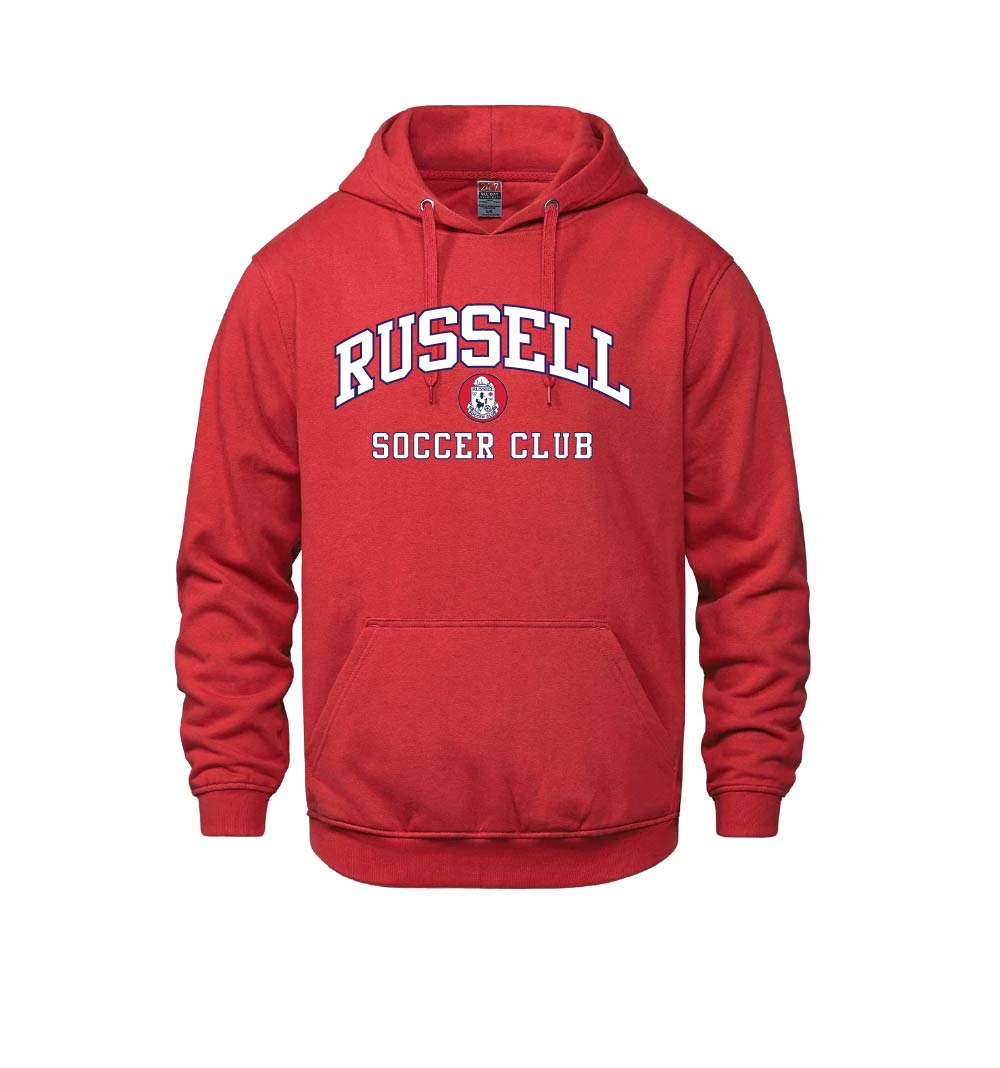 A red pullover hoodie with 'RUSSELL SOCCER CLUB' printed in red and white on the chest, featuring a small mascot logo in the center.