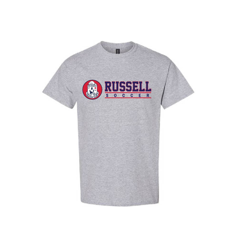 A heather gray short-sleeve t-shirt with a 'RUSSELL SOCCER' graphic on the chest, featuring a red and white circular logo with plain white background.