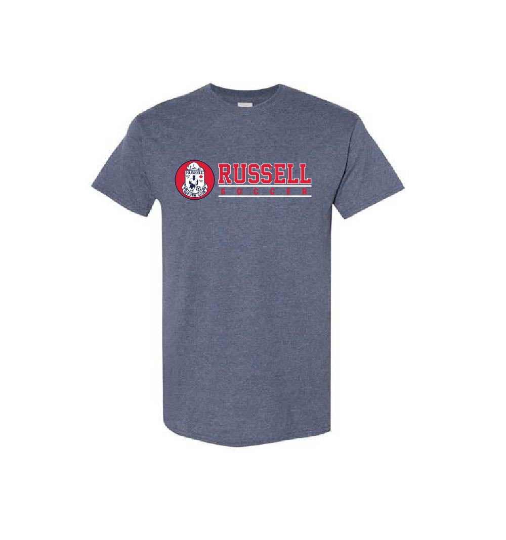 A heather blue short-sleeve t-shirt with a 'RUSSELL SOCCER' graphic on the chest, featuring a red and white circular logo with plain white background.