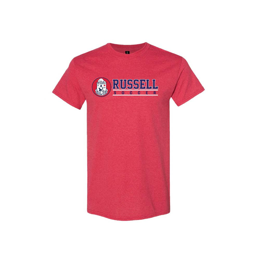 A heather red short-sleeve t-shirt with a 'RUSSELL SOCCER' graphic on the chest, featuring a red and white circular logo with plain white background.