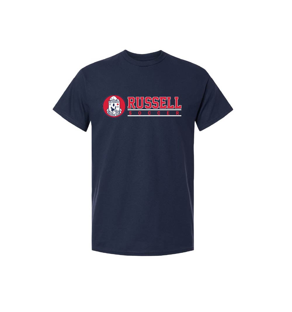 A navy blue short-sleeve t-shirt with a 'RUSSELL SOCCER' graphic on the chest, featuring a red and white circular logo with plain white background.