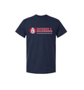 A navy blue short-sleeve t-shirt with a 'RUSSELL SOCCER' graphic on the chest, featuring a red and white circular logo with plain white background.