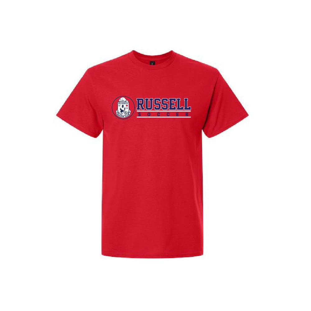 A red short-sleeve t-shirt with a 'RUSSELL SOCCER' graphic on the chest, featuring a red and white circular logo with plain white background.