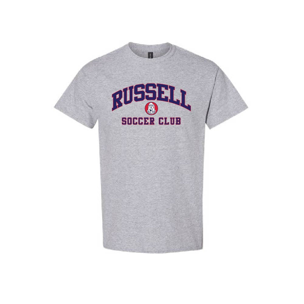 A heather gray short-sleeve t-shirt with 'RUSSELL SOCCER CLUB' printed in purple and red on the chest, displayed against a plain white background.