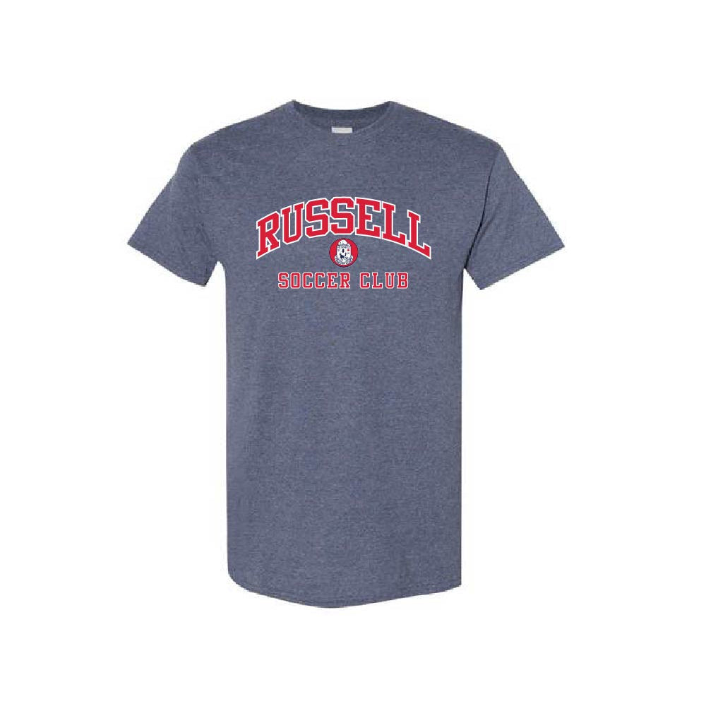 A heathered blue-gray short-sleeve t-shirt with 'RUSSELL SOCCER CLUB' printed in red and white on the chest, displayed against a solid white background.
