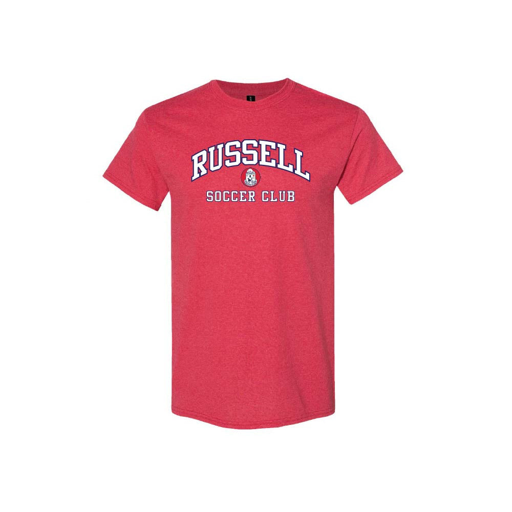 A heather red short-sleeve t-shirt with 'RUSSELL SOCCER CLUB' printed in white on the chest, displayed against a solid white background.