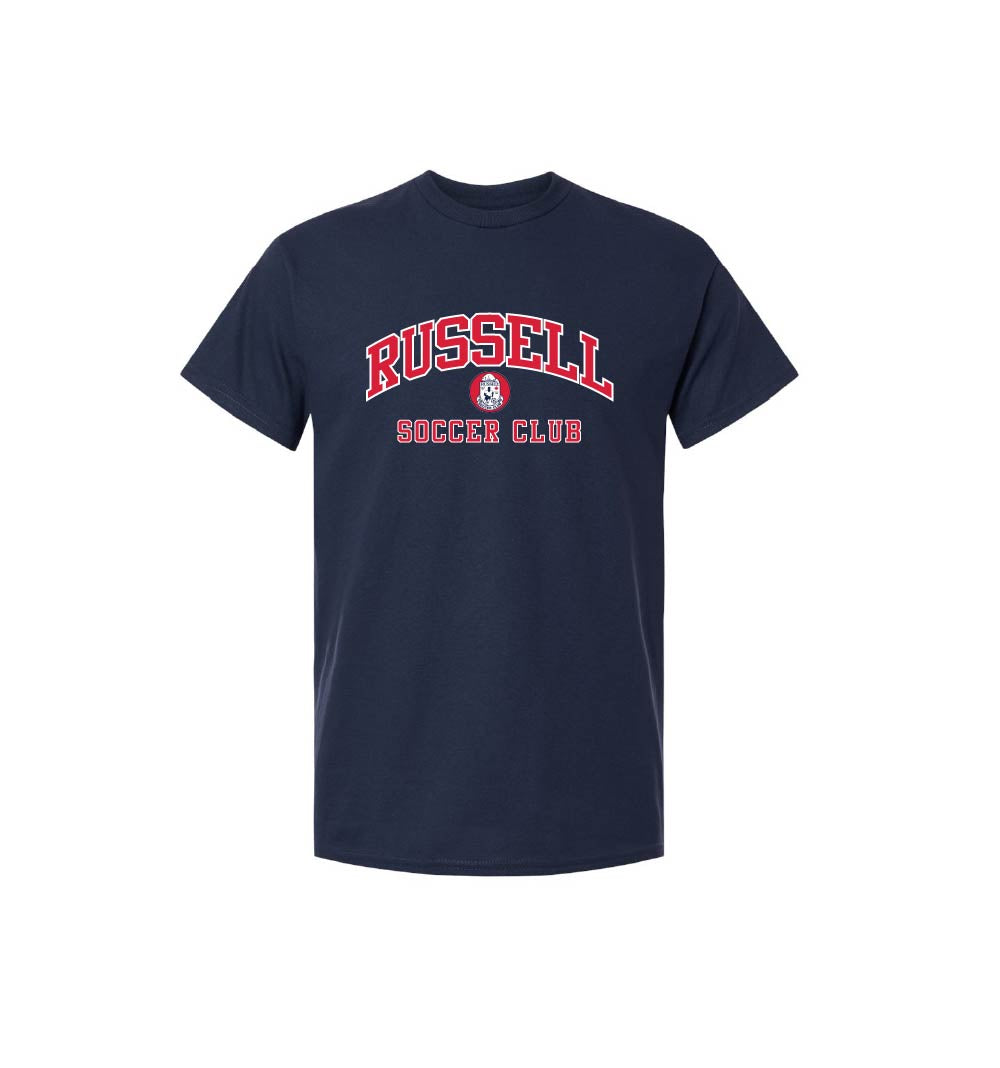 A navy blue short-sleeve t-shirt with 'RUSSELL SOCCER CLUB' printed in red and white on the chest, displayed against a plain white background.
