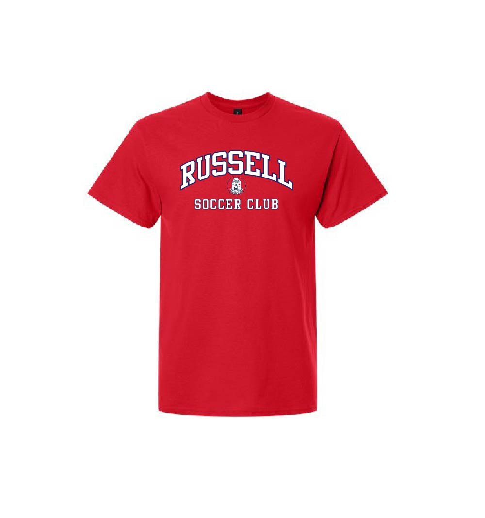 A red short-sleeve crewneck t-shirt with 'RUSSELL SOCCER CLUB' printed in white on the chest, displayed against a plain white background.