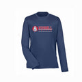 A navy blue long-sleeve t-shirt with a 'RUSSELL' logo printed on the chest, displayed on a clean white background.