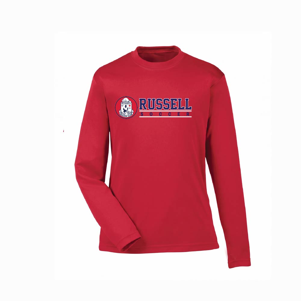 A red long-sleeve t-shirt with a 'RUSSELL' logo graphic on the chest, displayed on a clean white background.