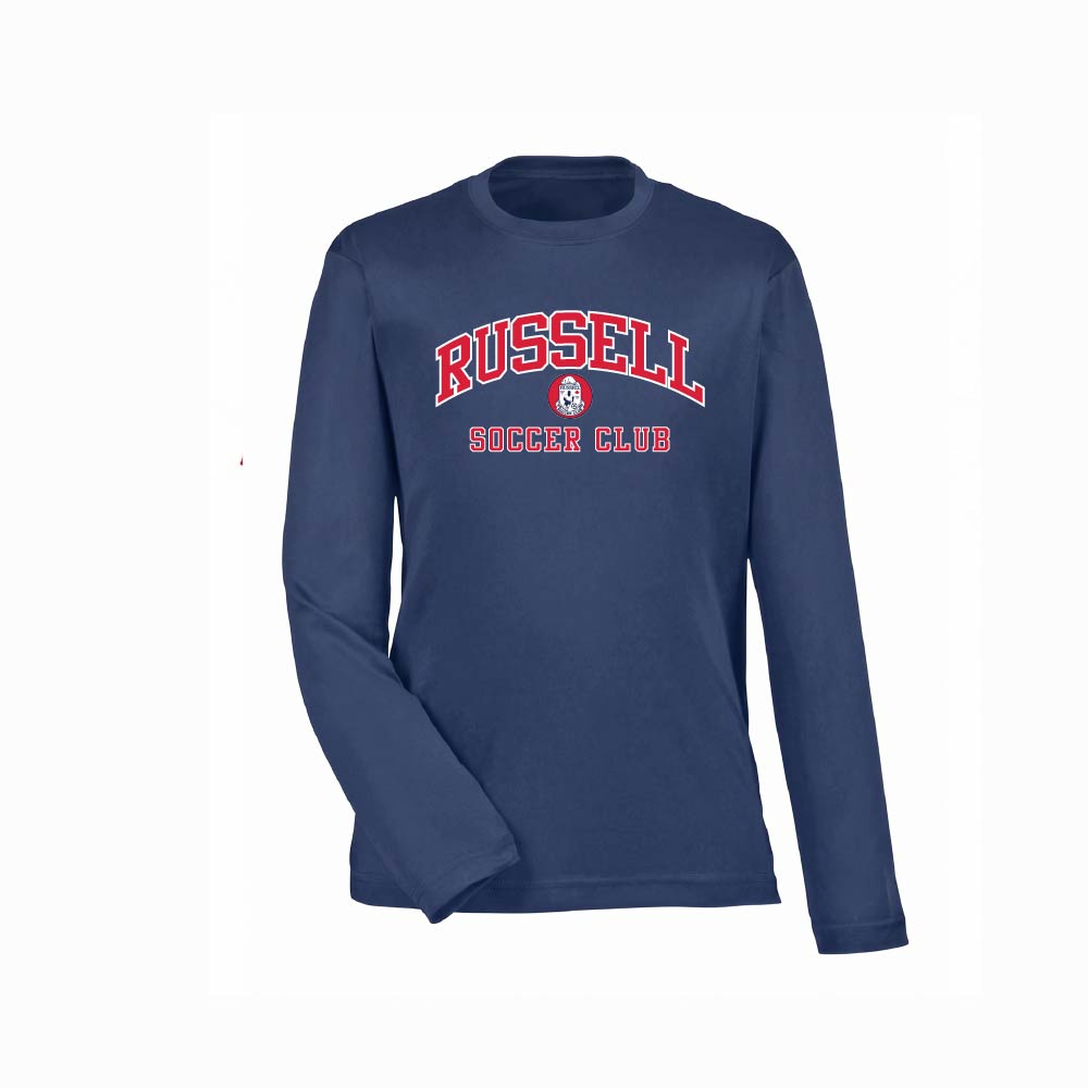 A navy blue long-sleeve t-shirt with 'RUSSELL SOCCER CLUB' printed in red and white on the chest, displayed on a plain white background.