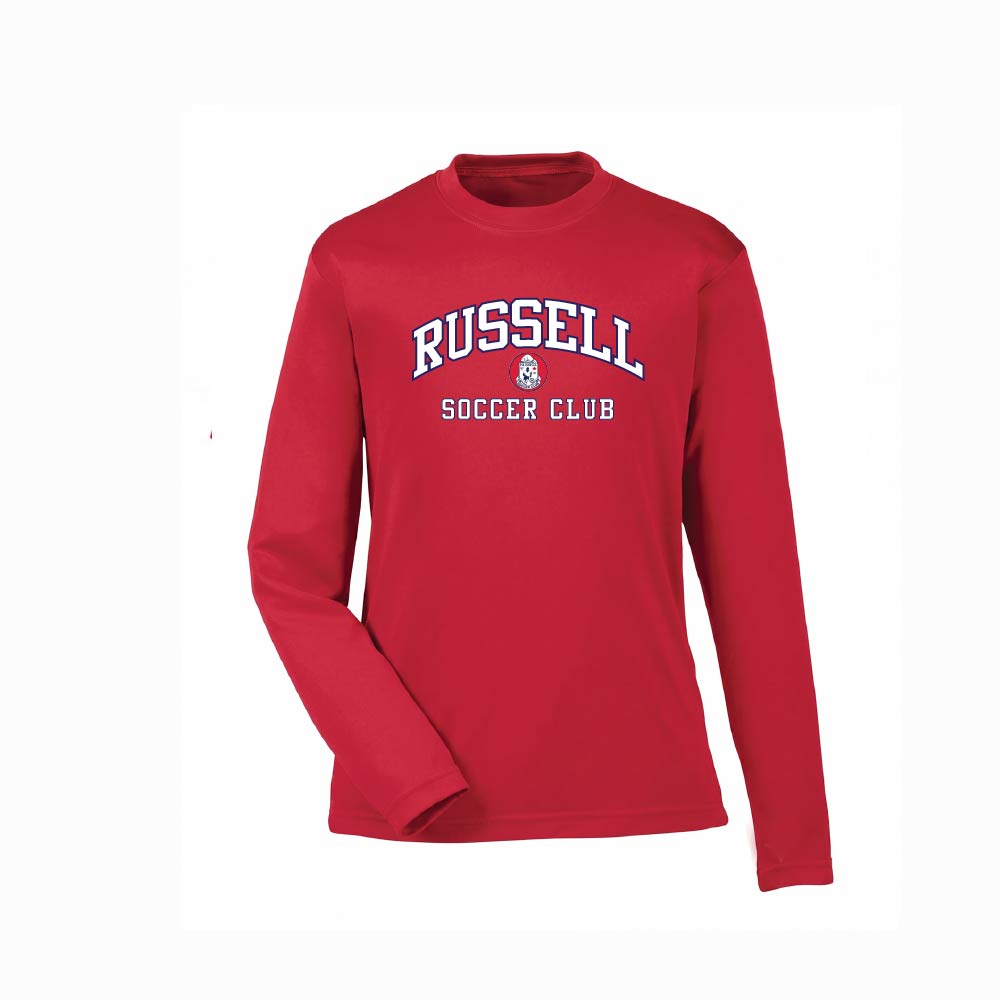 A red long-sleeve t-shirt with a 'RUSSELL' dog graphic on the chest, displayed on a clean white background.