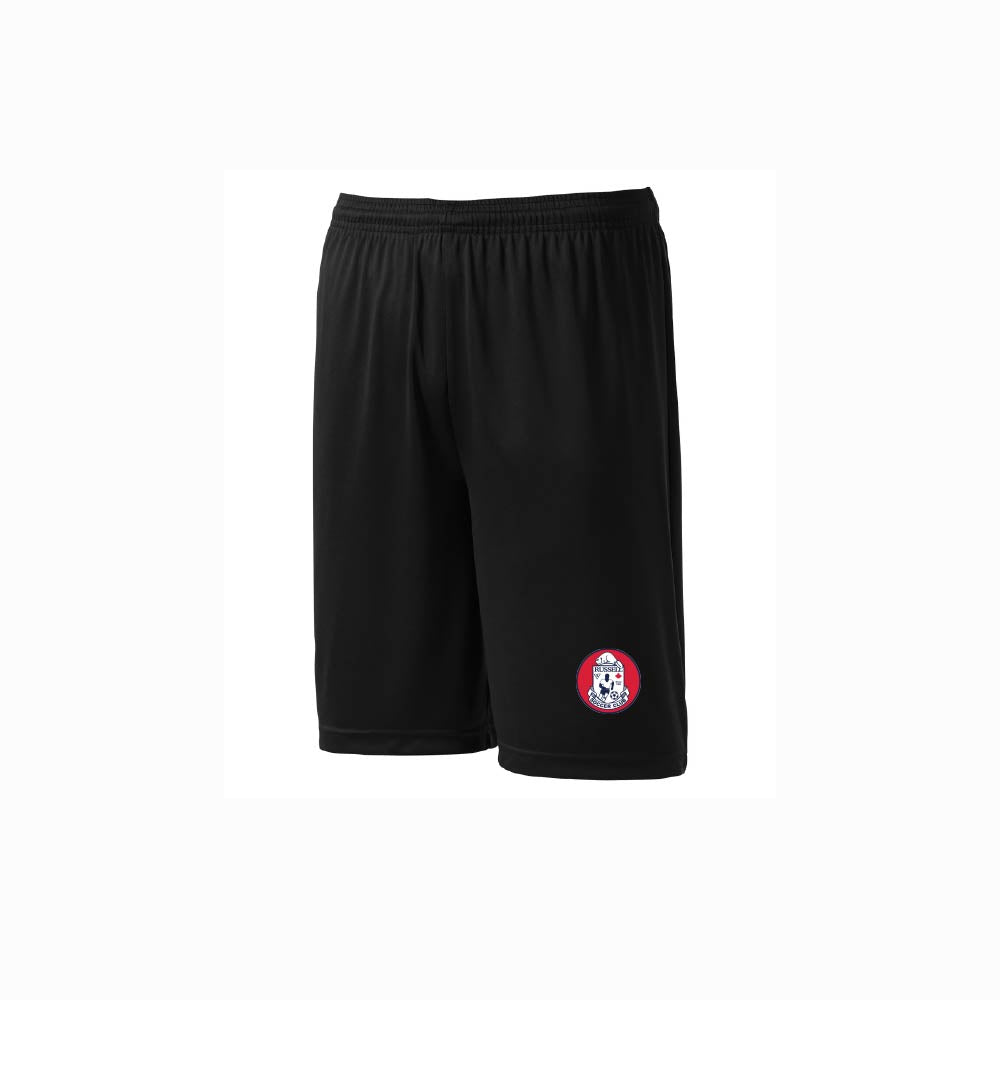 Black athletic shorts with an elastic waistband and Russell Soccer logo on lower left leg, shown against a plain white background.