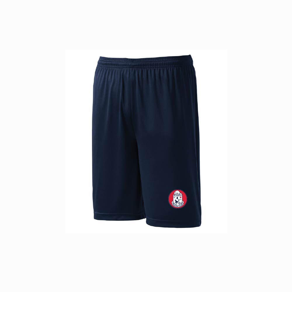 Navy blue athletic shorts with an elastic waistband and Russell Soccer logo on lower left leg, shown against a plain white background.