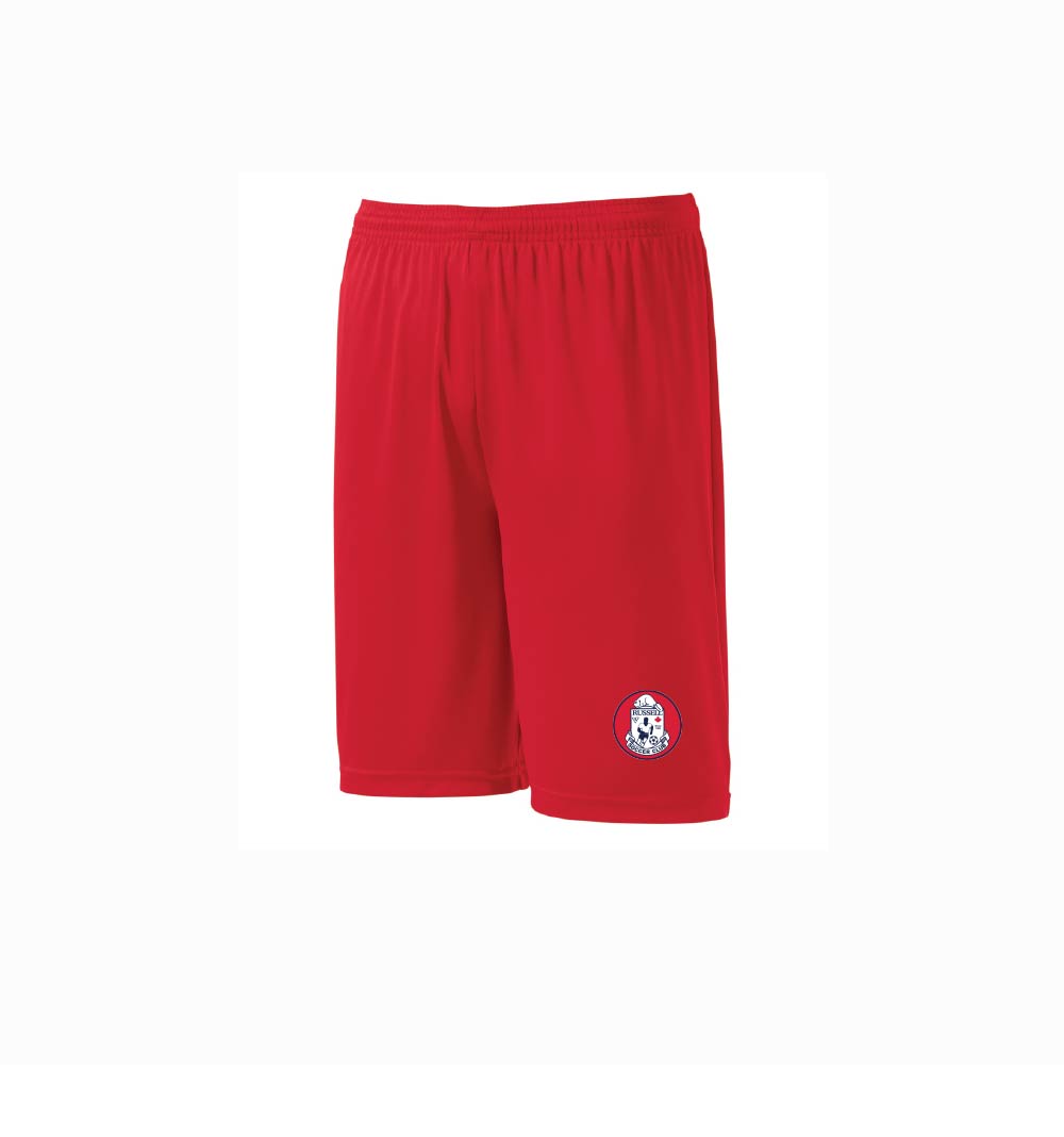 Red athletic shorts with an elastic waistband and Russell Soccer logo on lower left leg, shown against a plain white background.