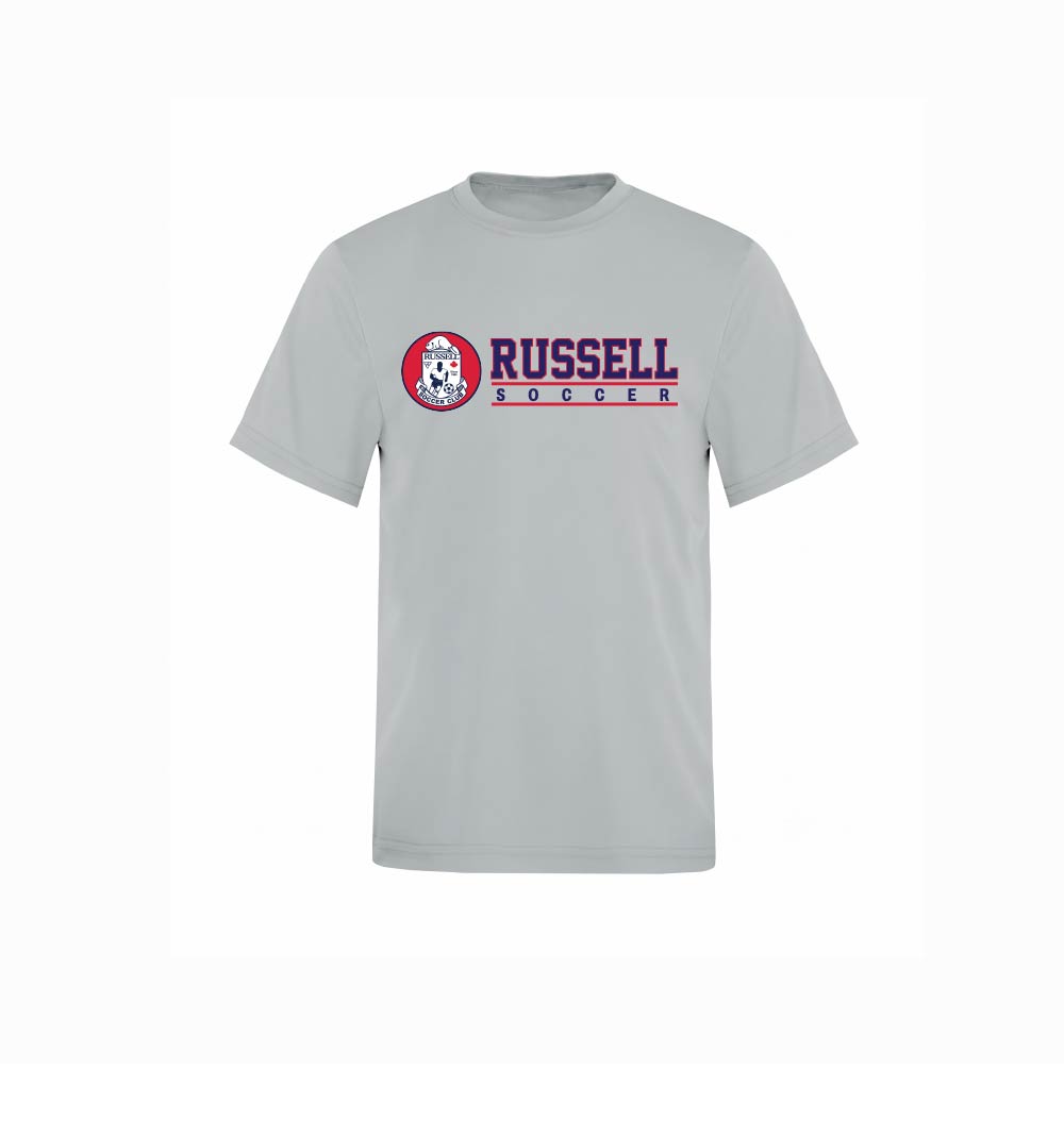 A light greey short-sleeve t-shirt with a red and white graphic on the chest featuring the text 'RUSSELL' and a logo, displayed on a clean white background.
