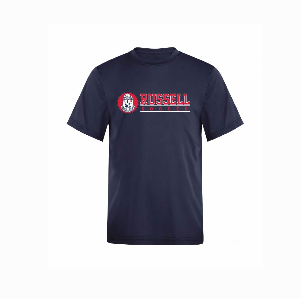 A navy blue short-sleeve t-shirt with a red and white graphic on the chest featuring the text 'RUSSELL' and a logo, displayed on a clean white background.