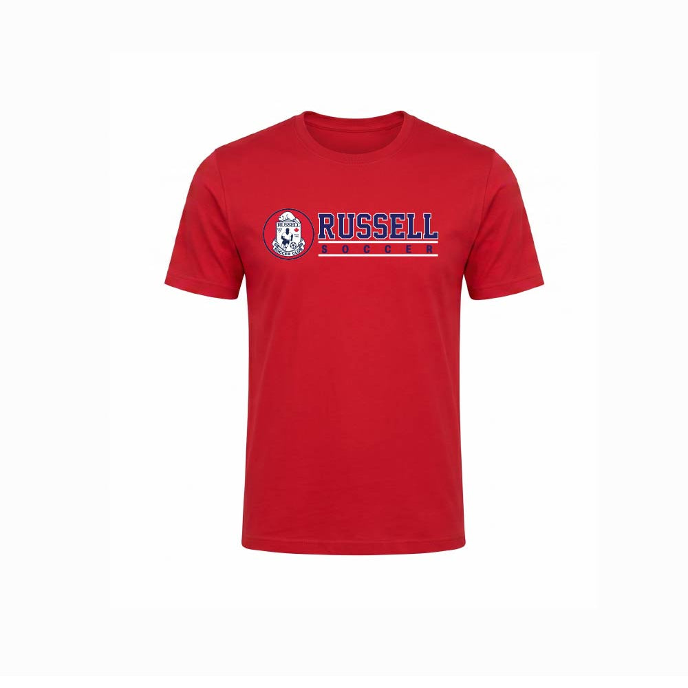A red short-sleeve t-shirt with a red and white graphic on the chest featuring the text 'RUSSELL' and a logo, displayed on a clean white background.