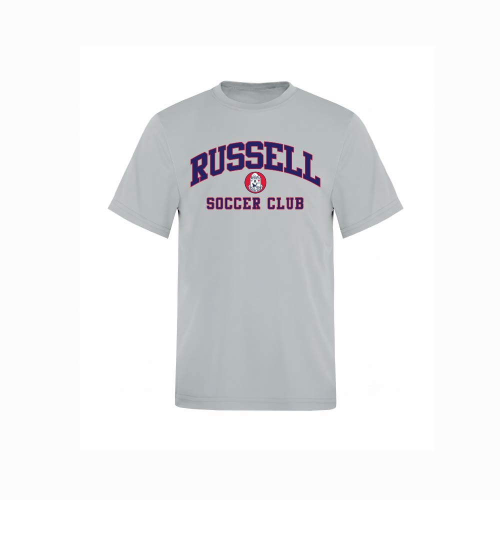 A light gray short-sleeve t-shirt with 'RUSSELL SOCCER CLUB' printed in purple and red on the chest, shown against a plain white background.