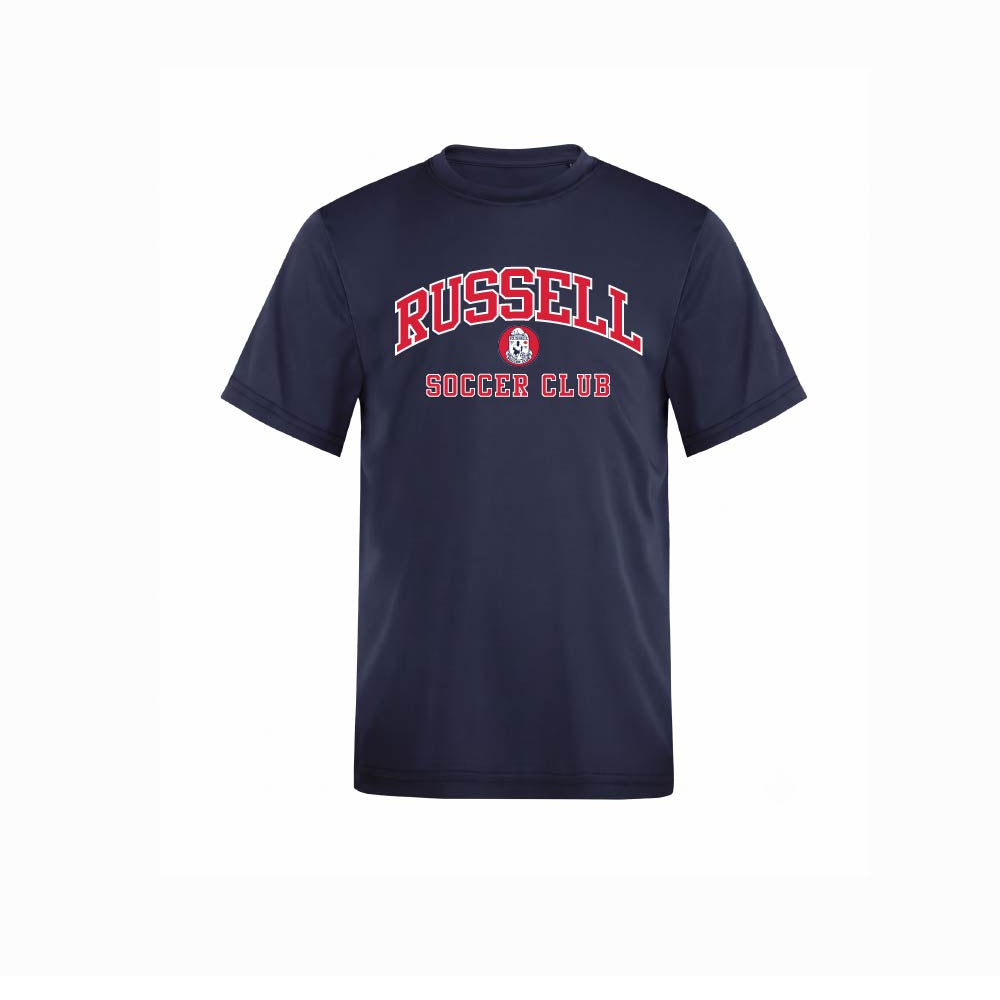 A navy blue short-sleeve t-shirt with 'RUSSELL SOCCER CLUB' printed in red and white on the chest, displayed against a plain white background.