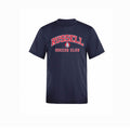 A navy blue short-sleeve t-shirt with 'RUSSELL SOCCER CLUB' printed in red and white on the chest, displayed against a plain white background.